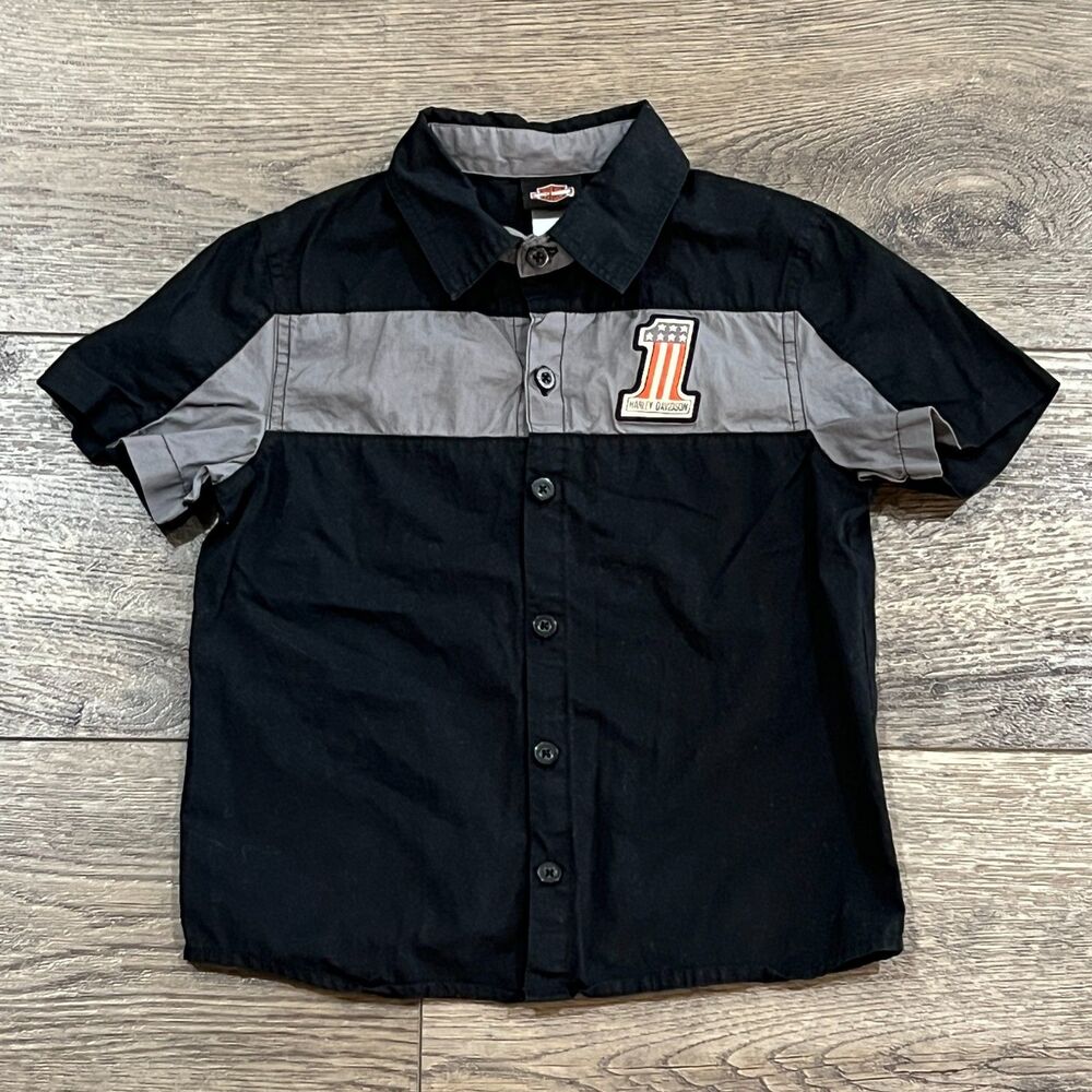 Harley Davidson Kids Mechanics Button Shirt Black Gray Logo Biker - Youth Sz 6/7